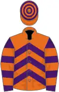 Orange and purple chevrons, purple and orange hooped sleeves, orange and purple hooped cap