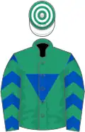 Green, royal blue inverted triangle, royal blue and green chevrons on sleeves, white and green hooped cap
