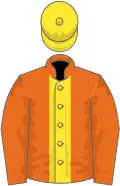 Orange, yellow stripe, orange sleeves, yellow cap