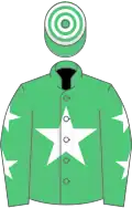 Emerald green, white star, white stars on sleeves, hooped cap