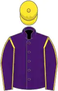 Purple, yellow seams on sleeves, yellow cap