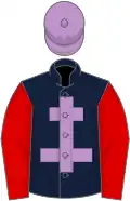 Dark blue, mauve cross of Lorraine, red sleeves, mauve cap