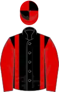 Black, red braces and sleeves, red and black quartered cap