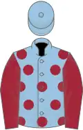 Light blue, maroon spots and sleeves, light blue cap