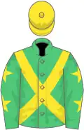 Emerald green, yellow cross belts, emerald green sleeves, yellow stars, yellow cap