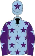 Light blue, purple stars, purple sleeves, light blue stars, light blue cap, purple star
