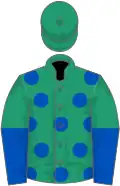 Emerald green, royal blue spots, halved sleeves, emerald green cap