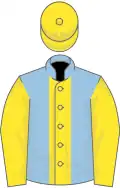 Light blue, yellow stripe, sleeves and cap