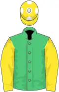 Emerald green, yellow sleeves, yellow cap