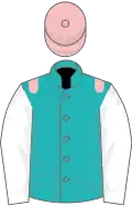 Emerald green, pink epaulets, white sleeves, pink cap