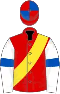 Red, yellow sash, white sleeves, royal blue armlets, red and royal blue quartered cap