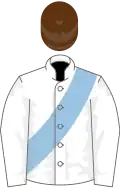 White, light blue sash, brown cap
