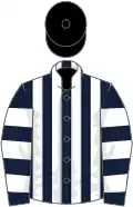Dark blue and white stripes, hooped sleeves, black cap
