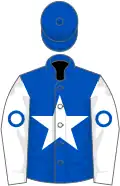 Royal blue, white star, white sleeves, royal blue circle, royal blue cap