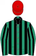 Emerald green and black stripes, red cap