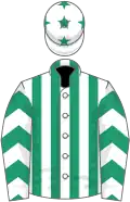 White and emerald green stripes, chevrons on sleeves, white cap, emerald green stars