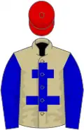 Beige, blue cross of lorraine, blue sleeves, red cap