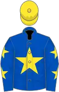 Royal blue, yellow star and stars on sleeves, yellow cap