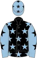 Black, light blue stars, light blue sleeves, black stars and stars on cap