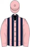 Pink, dark blue stripes, pink sleeves and cap