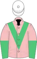 Pink, emerald green chevron, halved sleeves, white cap