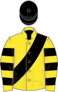Yellow, black hooped sleeves and sash, black cap
