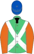 Emerald green, white cross belts, orange sleeves, royal blue cap