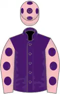 Purple, pink sleeves, purple spots, pink cap, purple spots