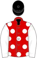 Red, white spots and sleeves, black cap