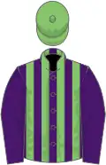 Purple and light green stripes, purple sleeves, light green cap