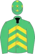 Emerald green,yellow chevrons, emerald green sleeves, emerald green cap, yellow stars