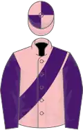 Pink, purple sash and sleeves, quartered cap