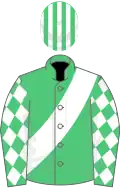Emerald green, white sash and diamonds on sleeves, emerald green and white striped cap