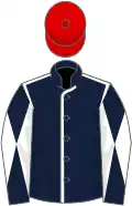 Dark blue, white seams, diabolo on sleeves, red cap