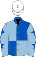 Royal bluer and light blue (quartered), light blue sleeves, royal blue stars, white cap