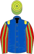 Royal blue, yellow epaulettes, red and light green striped sleeves, light green and yellow hooped cap