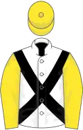White, black cross belts, yellow sleeves and cap