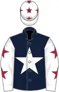 Dark blue, white star, white sleeves, maroon stars, white cap, maroon stars