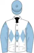 White, light blue triple diamond, light blue sleeves and cap