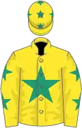 Yellow, emerald green star, stars on sleeves and cap