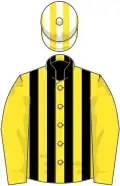 Yellow, black stripes on body, yellow and white striped cap