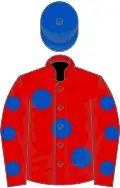 Red, large Royal Blue spots, Red sleeves, Royal Blue spots, Royal Blue cap