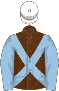 Brown, light blue cross belts and sleeves, white cap