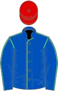 Royal blue, emerald green seams, red cap