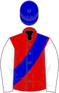 Red, blue sash, white sleeves, blue cap