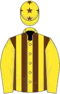 Yellow, brown stripes on body, stars on cap
