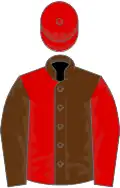 Brown and red (halved), sleeves reversed, red cap