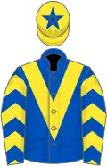 Royal blue, yellow chevron, yellow chevrons on sleeves, yellow cap, royal blue star