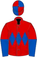 Red, royal blue triple diamond, halved sleeves, quartered cap