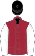 Maroon, white sleeves, black cap